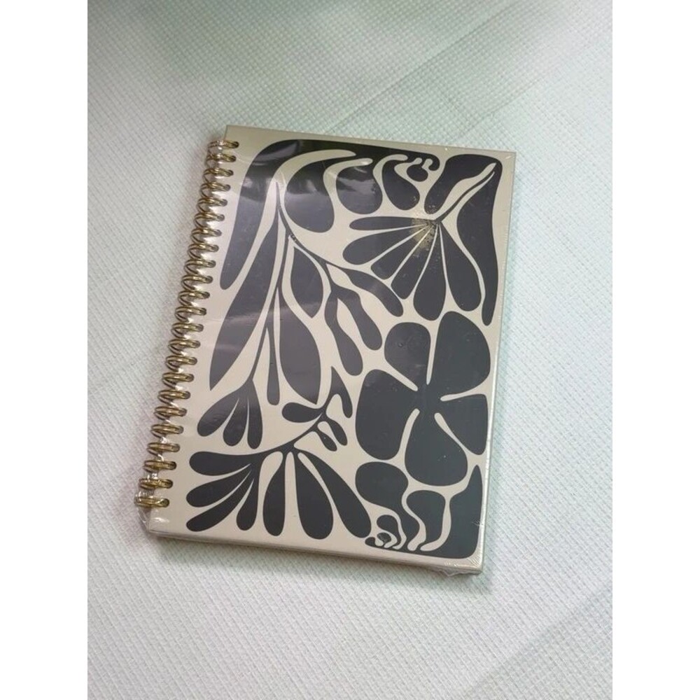 Black & Cream Floral Spiral Notebook Gold Coil 8.25x6 New